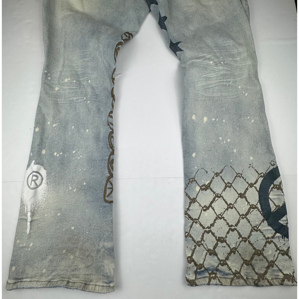 Grindhouse Denim Jeans 44 Light Wash Distressed Streetwear Graphic Star Peace - Picture 12 of 13